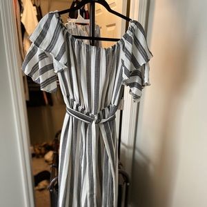 Off the shoulder grey and white jumpsuit